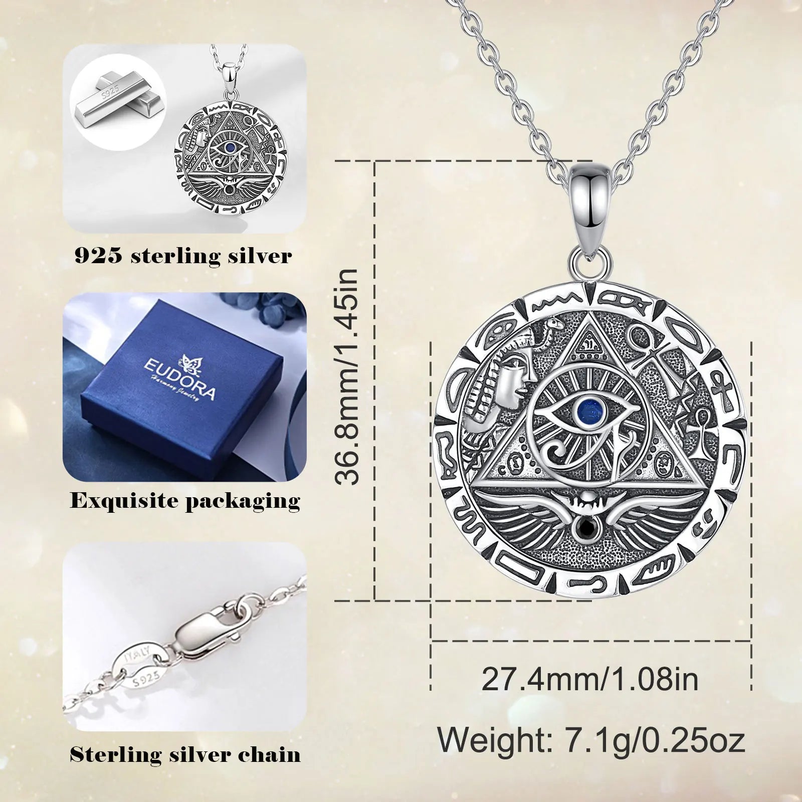 Stunning 925 Sterling Silver Egypt Pyramid All Seeing Evil Eye Illuminati Necklace - Perfect Egyptian Cross Amulet Pendant Gift for Men and Women