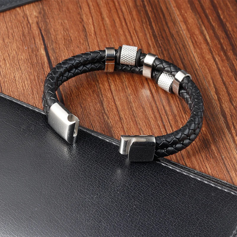 Stylish Charm Braid Rope Bracelet for Men with Stainless Steel Magnetic Buckle - Genuine Leather Jewelry