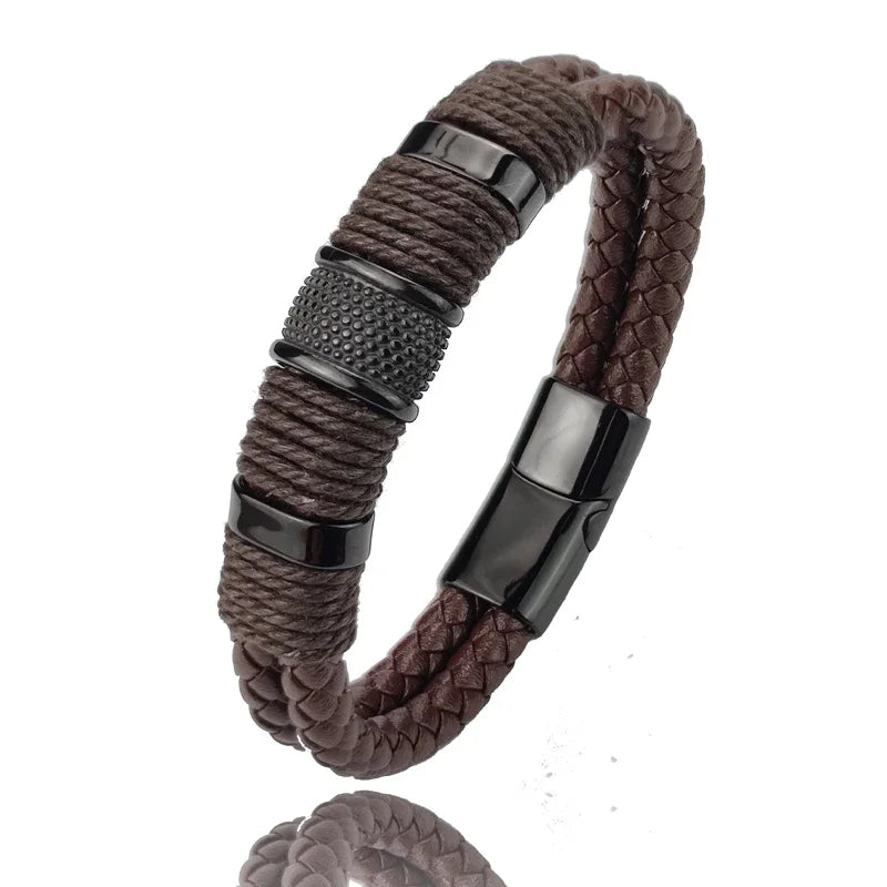Stylish Luxury Vintage Multilayer Brown Leather and Stainless Steel Bracelet for Men - Perfect Gift for Any Occasion