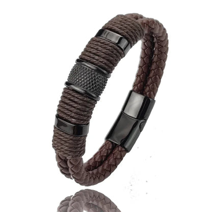 Stylish Luxury Vintage Multilayer Brown Leather and Stainless Steel Bracelet for Men - Perfect Gift for Any Occasion