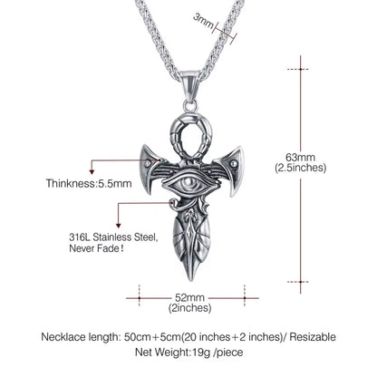 Grand Ankh &amp; Eye Pendant 316L Stainless Steel | 22" Wheat Chain