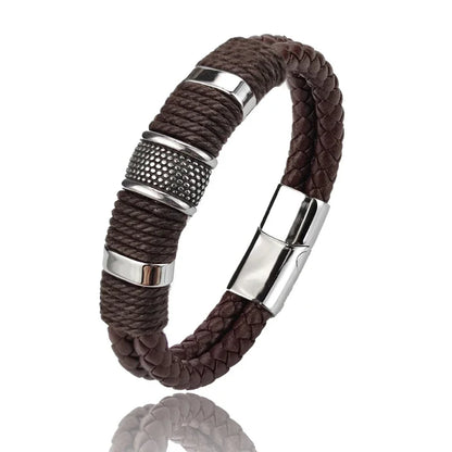 Stylish Luxury Vintage Multilayer Brown Leather and Stainless Steel Bracelet for Men - Perfect Gift for Any Occasion