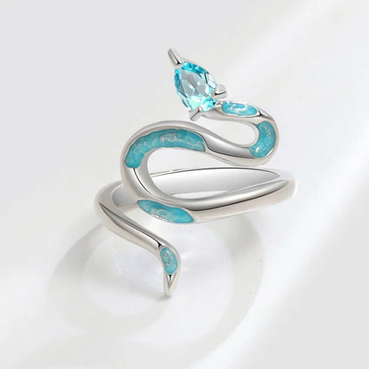 Exquisite 925 Sterling Silver Drip Glue Cyan Snake Ring - A Luxurious Cocktail Ring for Women and Girls, Perfect for Weddings and Special Occasions