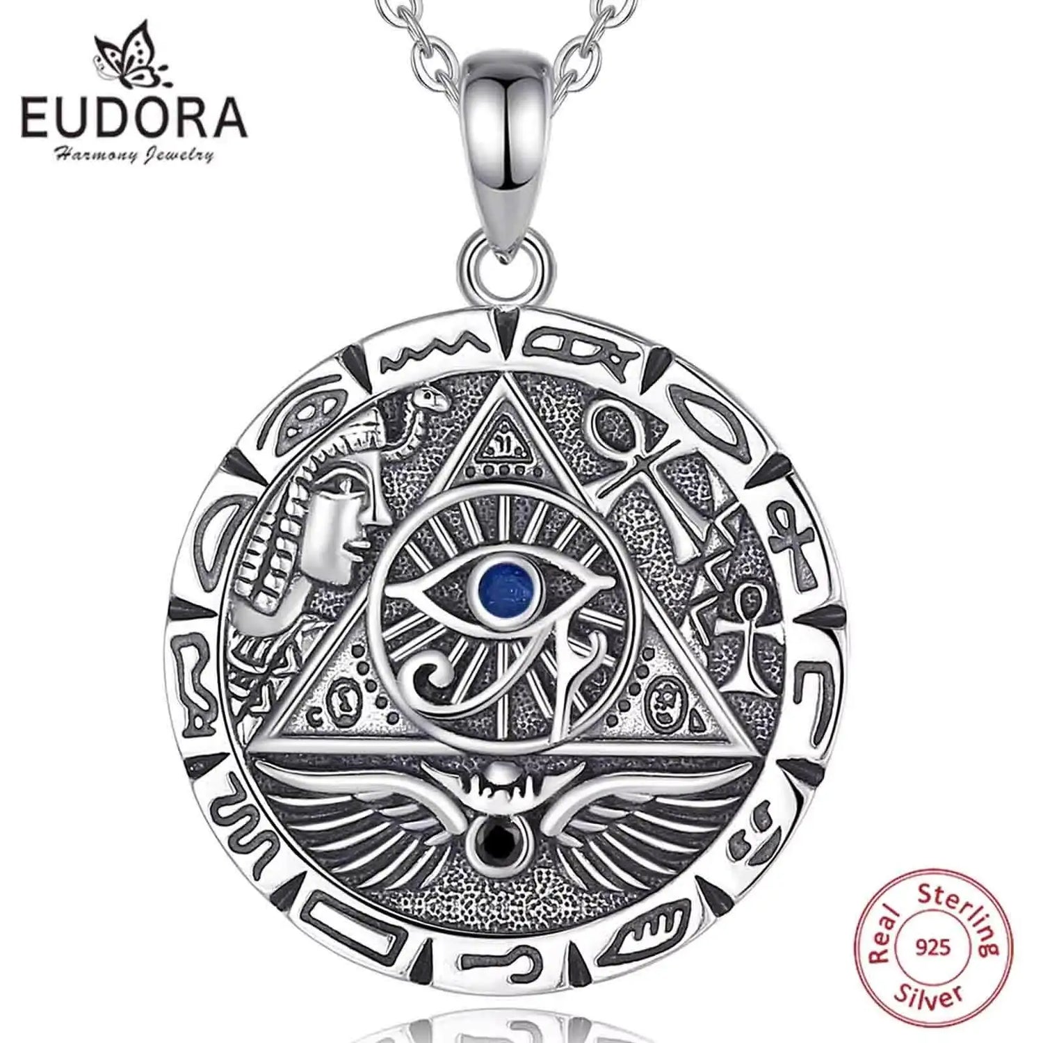 Stunning 925 Sterling Silver Egypt Pyramid All Seeing Evil Eye Illuminati Necklace - Perfect Egyptian Cross Amulet Pendant Gift for Men and Women