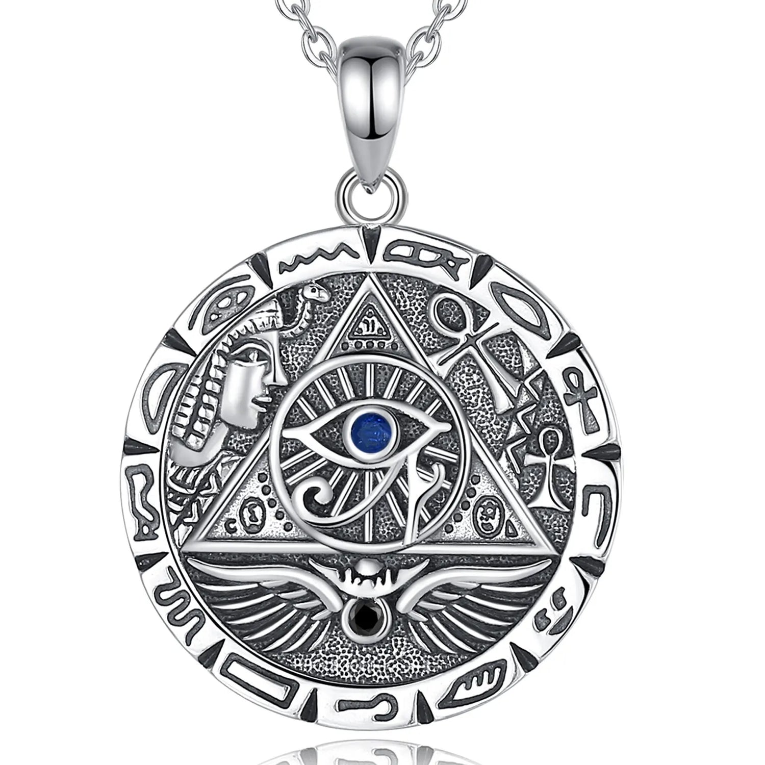 Stunning 925 Sterling Silver Egypt Pyramid All Seeing Evil Eye Illuminati Necklace - Perfect Egyptian Cross Amulet Pendant Gift for Men and Women