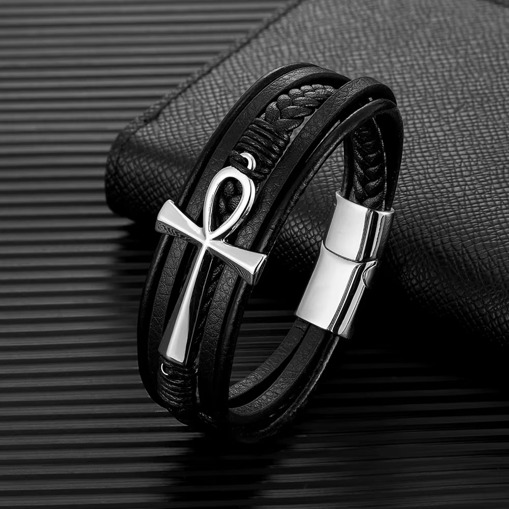 Multilayer Leather Ankh Bracelet 316L Steel Detail | Magnetic Clasp