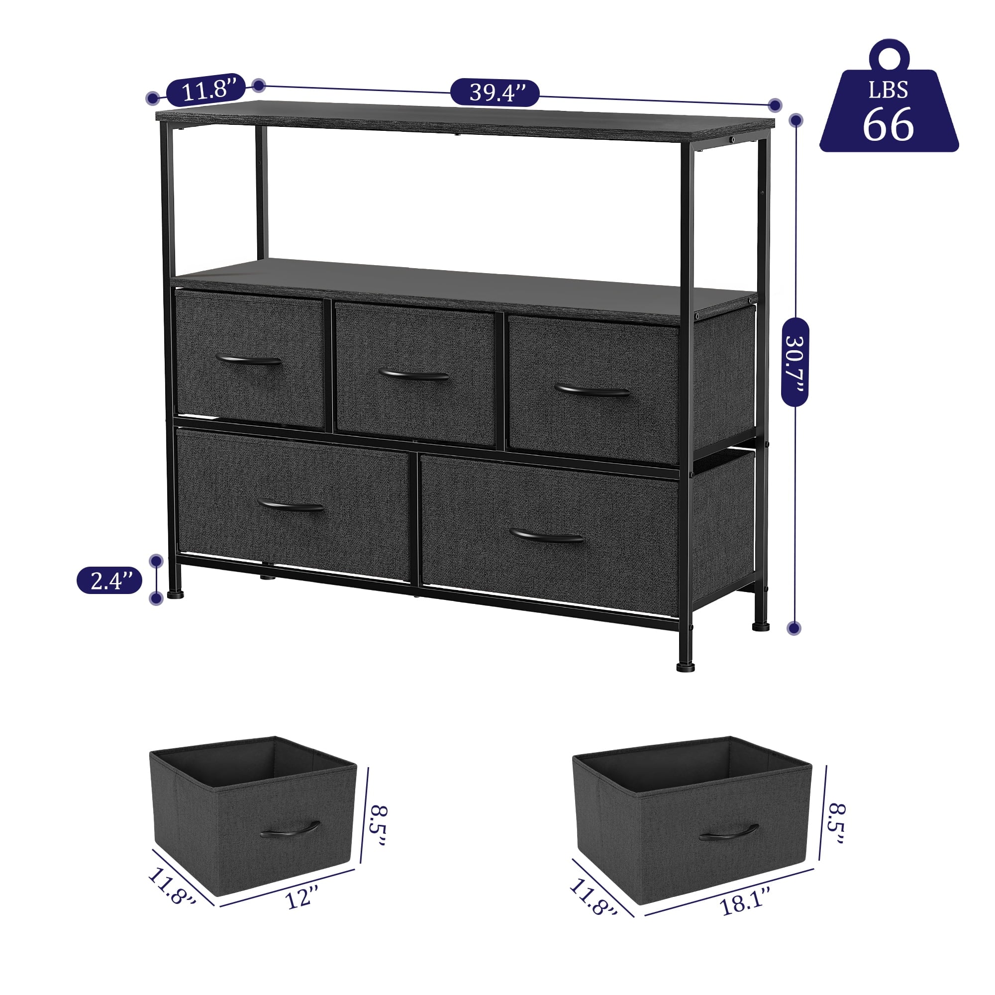 Dresser TV Stand, Entertainment Center with Fabric Drawers, Media Console Table with Open Shelves for TV up to 45 Inch for Bedroom, Living Room, Entryway, Black