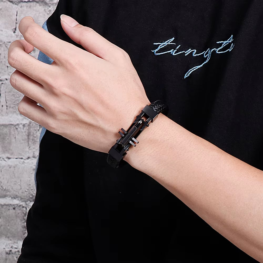 Black Leather &amp; Steel Bracelet 316L Stainless Steel Clasp | Structured Men’s Wristband