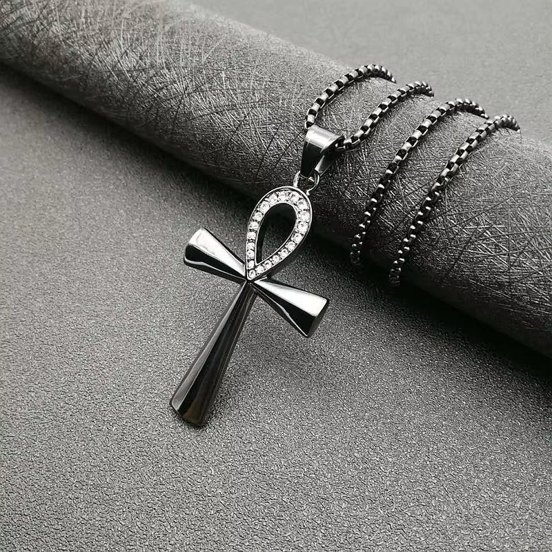 Iced Ankh Pendant Necklace Gold-Tone Stainless Steel Key of Life with Crystal Detailing