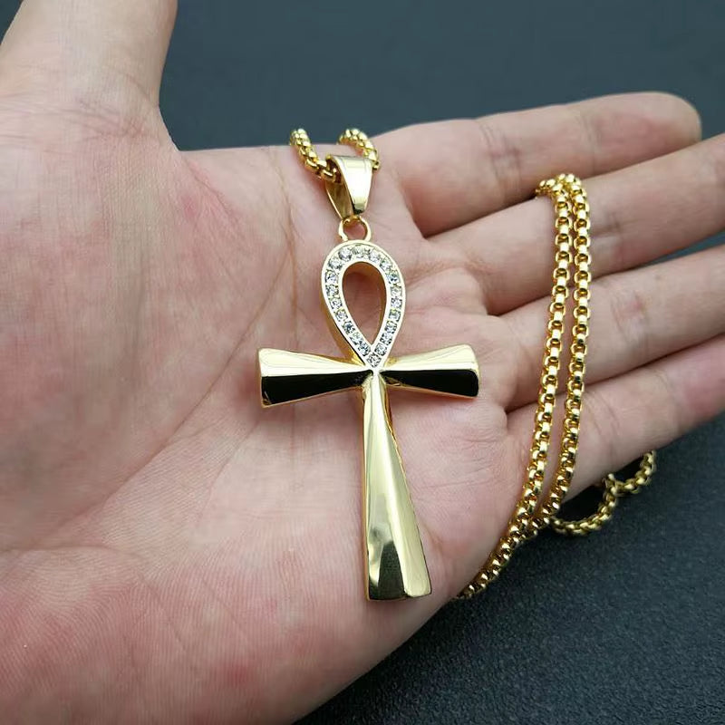 Iced Ankh Pendant Necklace Gold-Tone Stainless Steel Key of Life with Crystal Detailing