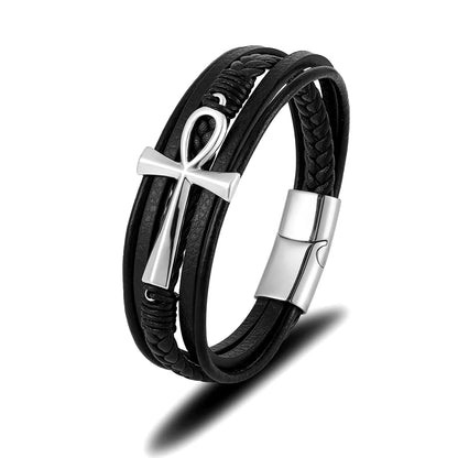 Multilayer Leather Ankh Bracelet 316L Steel Detail | Magnetic Clasp