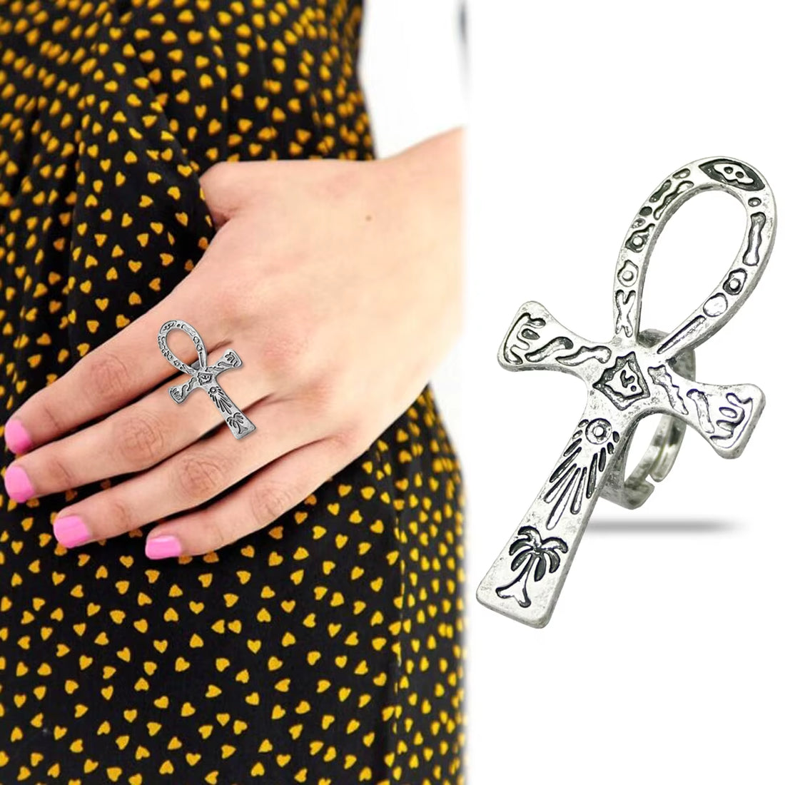 Carved Ankh Band Ring Adjustable Vintage Finish | Symbol of Life