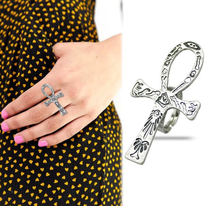 Carved Ankh Band Ring Adjustable Vintage Finish | Symbol of Life