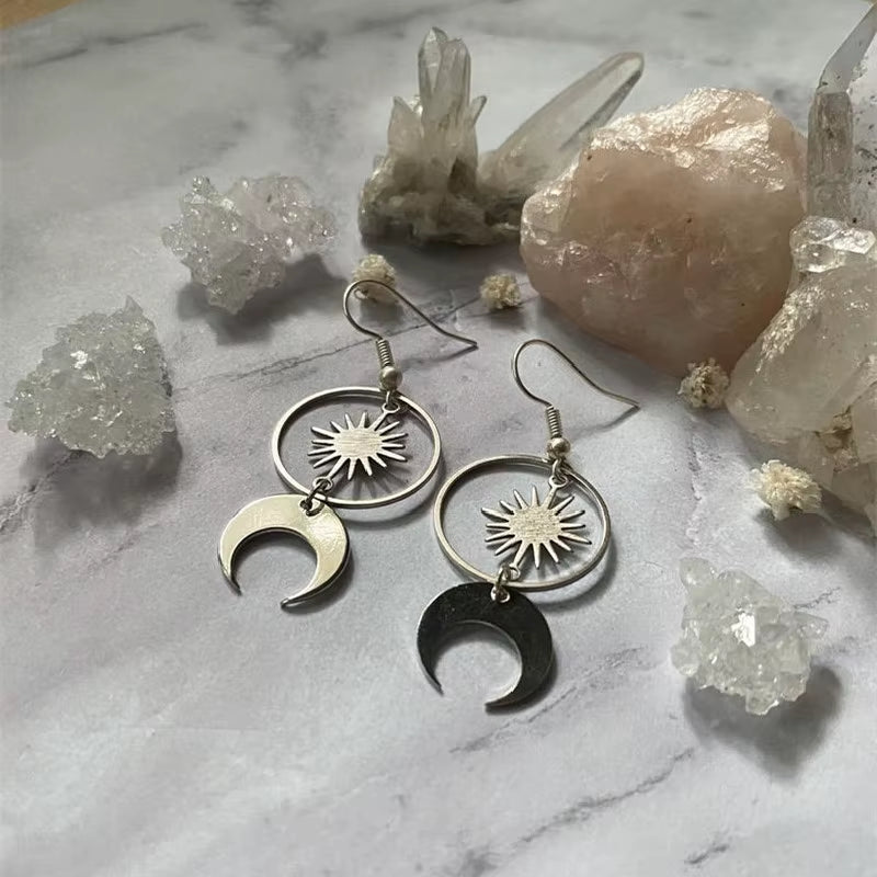 Celestial Crescent Drop Earrings Sun &amp; Moon Brass Statement