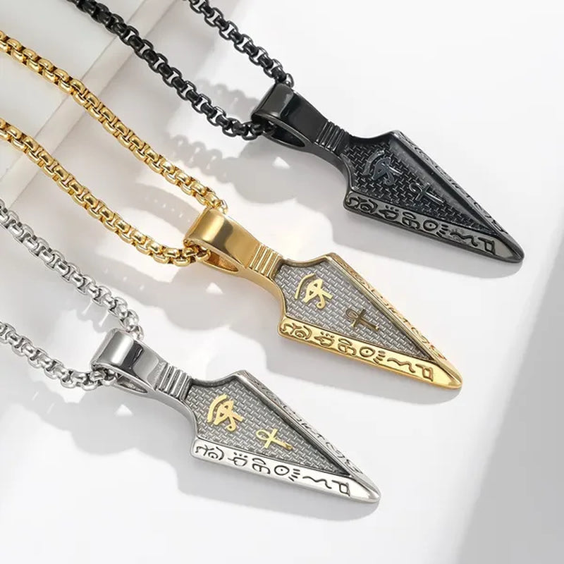 Egyptian the Eye of Horus Ankh Cross Arrowhead Pendant Hieroglyphic Writing of Ancient Egypt Titanium Steel Spearpoint Necklace for Women Men Jewelry