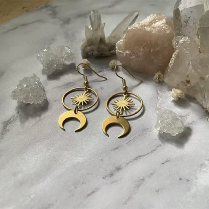 Celestial Crescent Drop Earrings Sun &amp; Moon Brass Statement