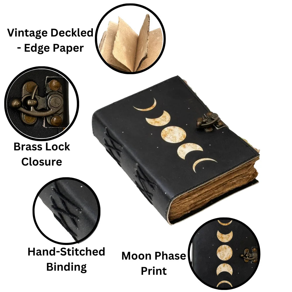 🌙 Moon Phases Leather Journal – Vintage Grimoire (7 × 5", 200 Pages)