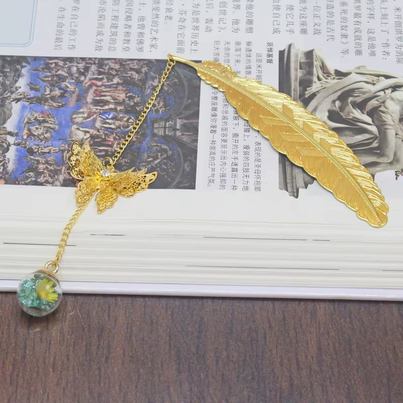 Metal Feather Bookmark with Butterfly &amp; Dried Flower Pendant