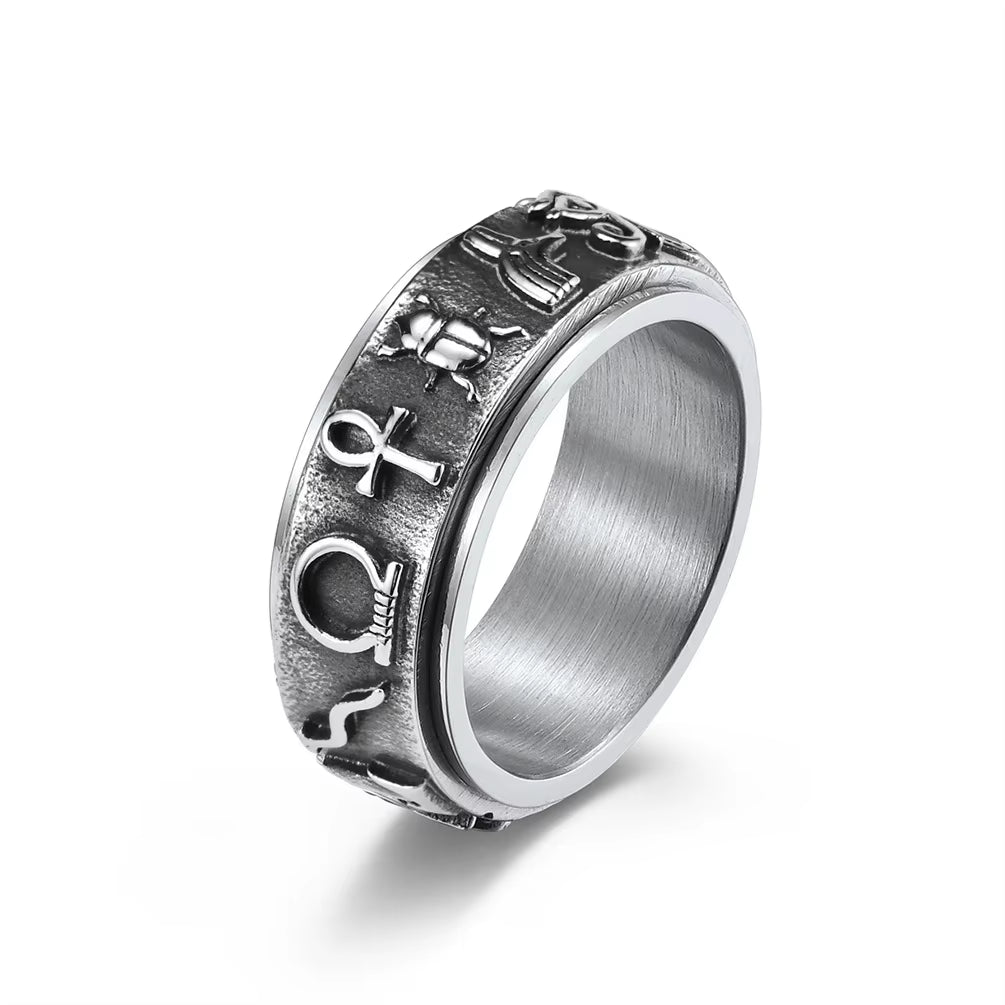 The Sigil Band – 8mm Vintage Stainless Steel Egyptian Symbol Spinner Ring  Unisex | Sizes 6–12