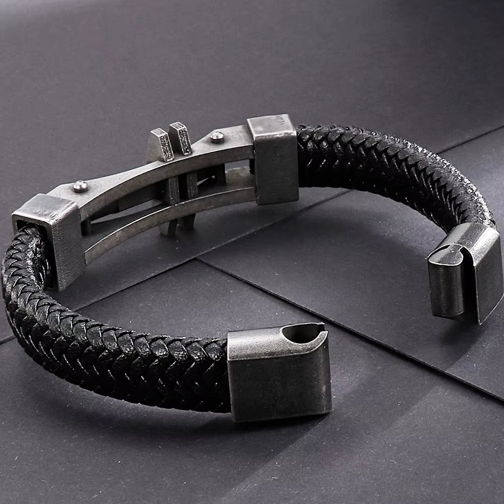Black Leather &amp; Steel Bracelet 316L Stainless Steel Clasp | Structured Men’s Wristband
