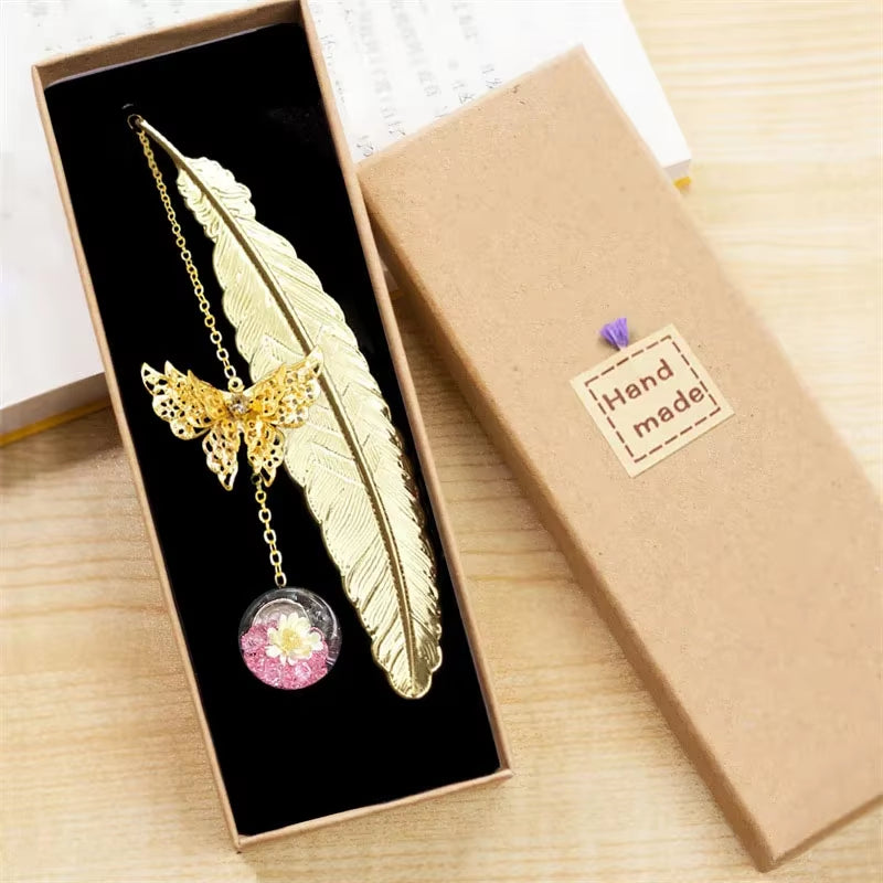 Metal Feather Bookmark with Butterfly &amp; Dried Flower Pendant