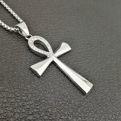 Iced Ankh Pendant Necklace Gold-Tone Stainless Steel Key of Life with Crystal Detailing