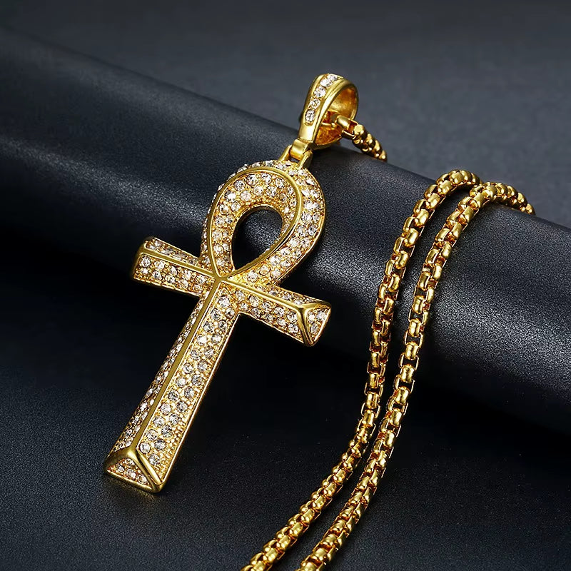 Iced Ankh Cross Pendant Stainless Steel Necklace with Full Crystal Detailing (Unisex)