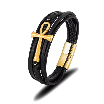 Multilayer Leather Ankh Bracelet 316L Steel Detail | Magnetic Clasp