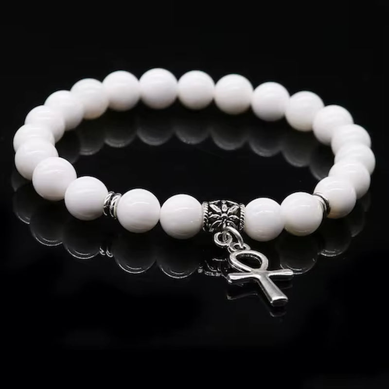 Cinnabar &amp; Tridacna Ankh Bracelet 8mm Natural Stone Beads | 19cm