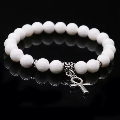 Cinnabar &amp; Tridacna Ankh Bracelet 8mm Natural Stone Beads | 19cm