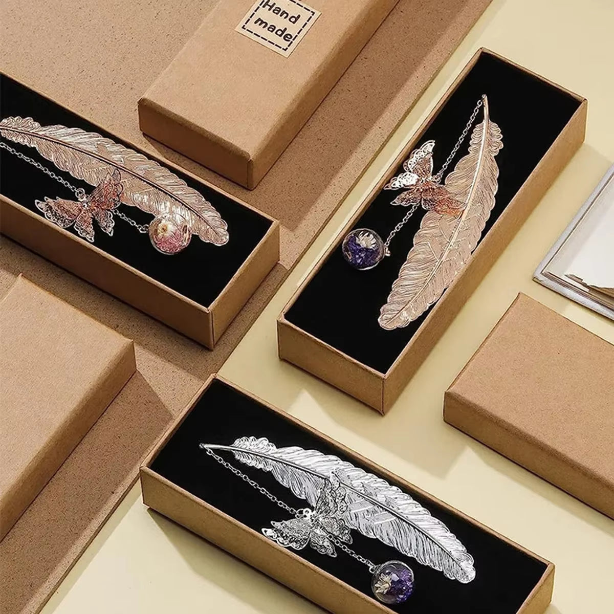 Metal Feather Bookmark with Butterfly &amp; Dried Flower Pendant