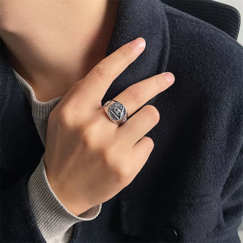Pyramid Eye Signet Ring Adjustable Stainless Steel Symbol Band
