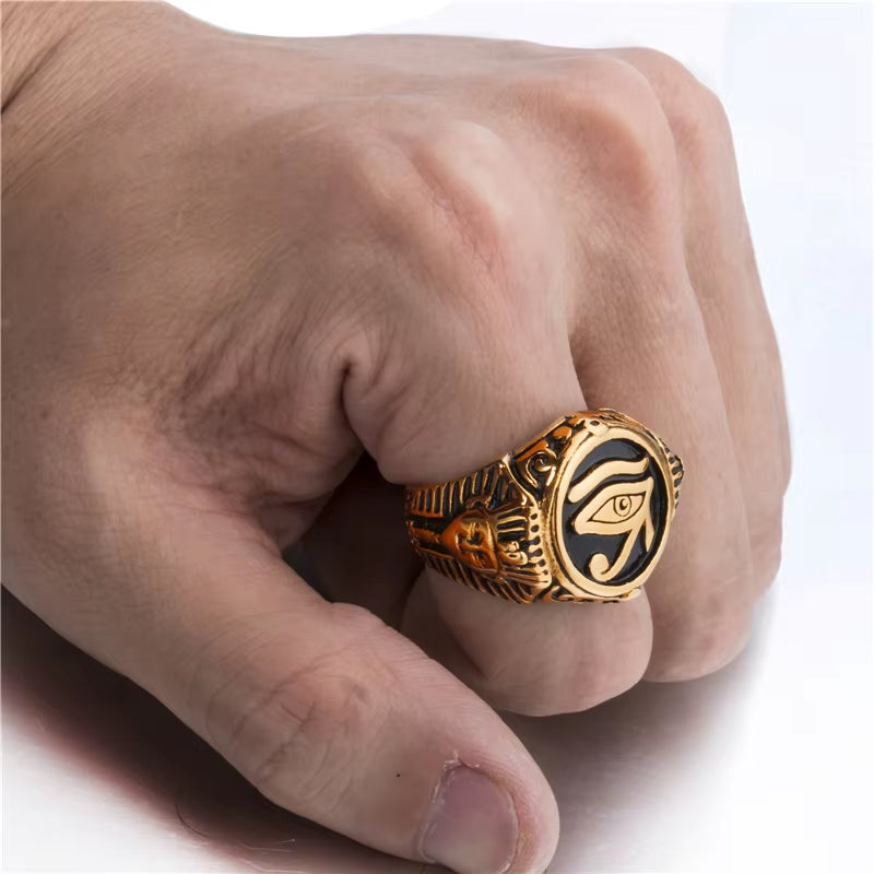 Pharaoh &amp; Eye of Horus Ring 316L Stainless Steel Statement Band