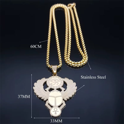 Scarab &amp; Solar Eye Pendant Necklace Gold-Tone Stainless Steel with Ankh Detail (Unisex)