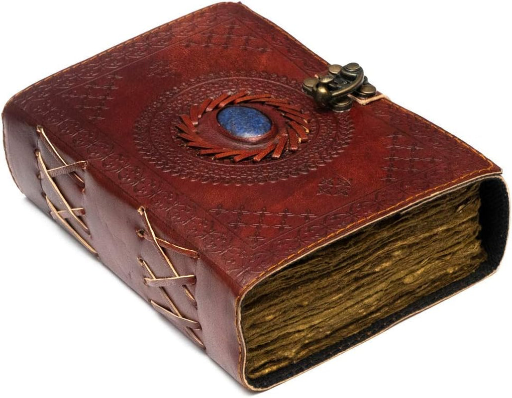 Vintage Leather Journal with Semi-Precious Stone Lock Closure • 240 Deckled Pages • 7 × 5 Inches