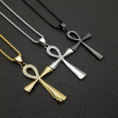 Iced Ankh Pendant Necklace Gold-Tone Stainless Steel Key of Life with Crystal Detailing