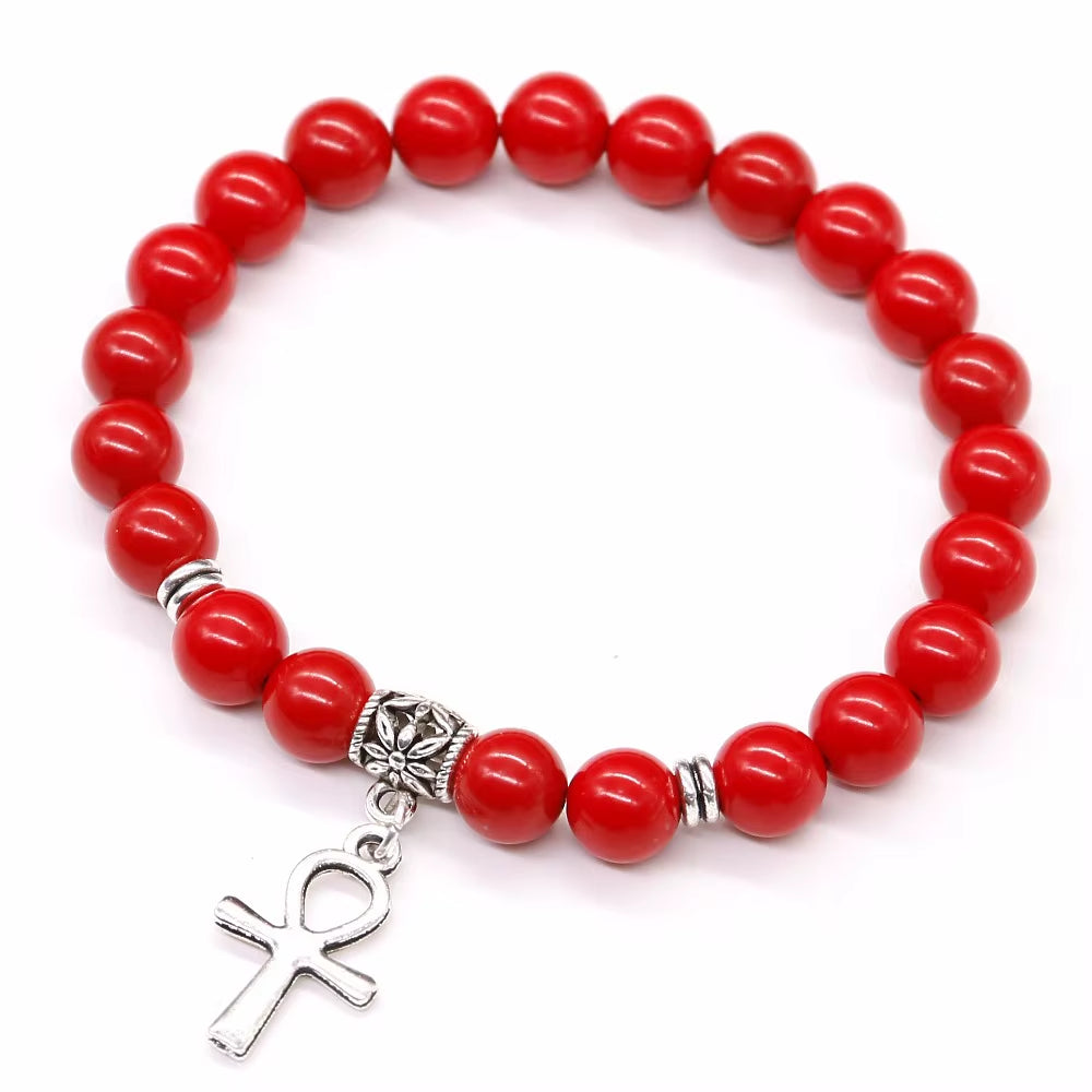 Cinnabar &amp; Tridacna Ankh Bracelet 8mm Natural Stone Beads | 19cm