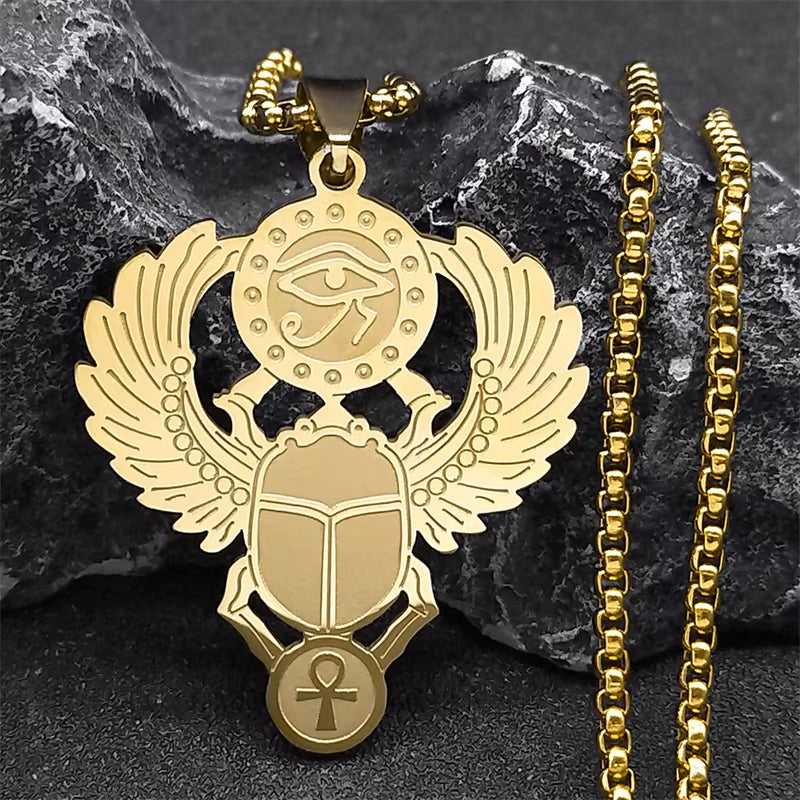 Scarab &amp; Solar Eye Pendant Necklace Gold-Tone Stainless Steel with Ankh Detail (Unisex)