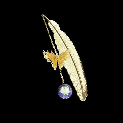 Metal Feather Bookmark with Butterfly &amp; Dried Flower Pendant