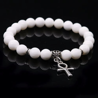 Cinnabar &amp; Tridacna Ankh Bracelet 8mm Natural Stone Beads | 19cm
