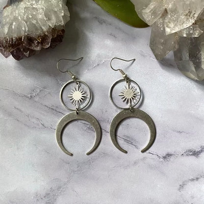 Celestial Crescent Drop Earrings Sun &amp; Moon Brass Statement