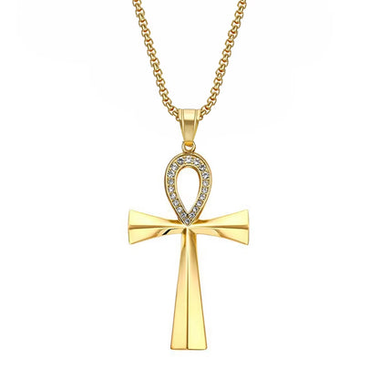 Iced Ankh Pendant Necklace Gold-Tone Stainless Steel Key of Life with Crystal Detailing