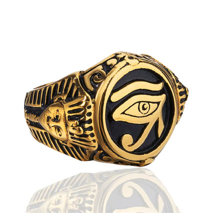Pharaoh &amp; Eye of Horus Ring 316L Stainless Steel Statement Band
