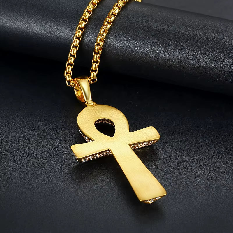 Iced Ankh Cross Pendant Stainless Steel Necklace with Full Crystal Detailing (Unisex)