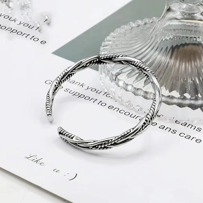 Twisted Woven Open Cuff Bracelet Silver-Tone Adjustable Stainless Steel Bangle (Unisex)