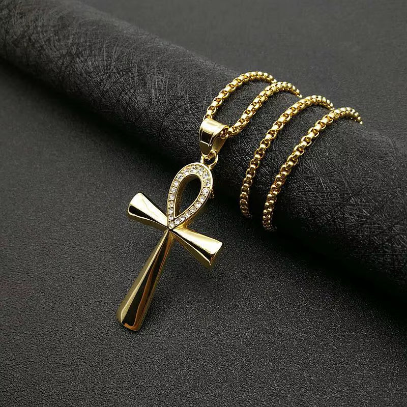 Iced Ankh Pendant Necklace Gold-Tone Stainless Steel Key of Life with Crystal Detailing
