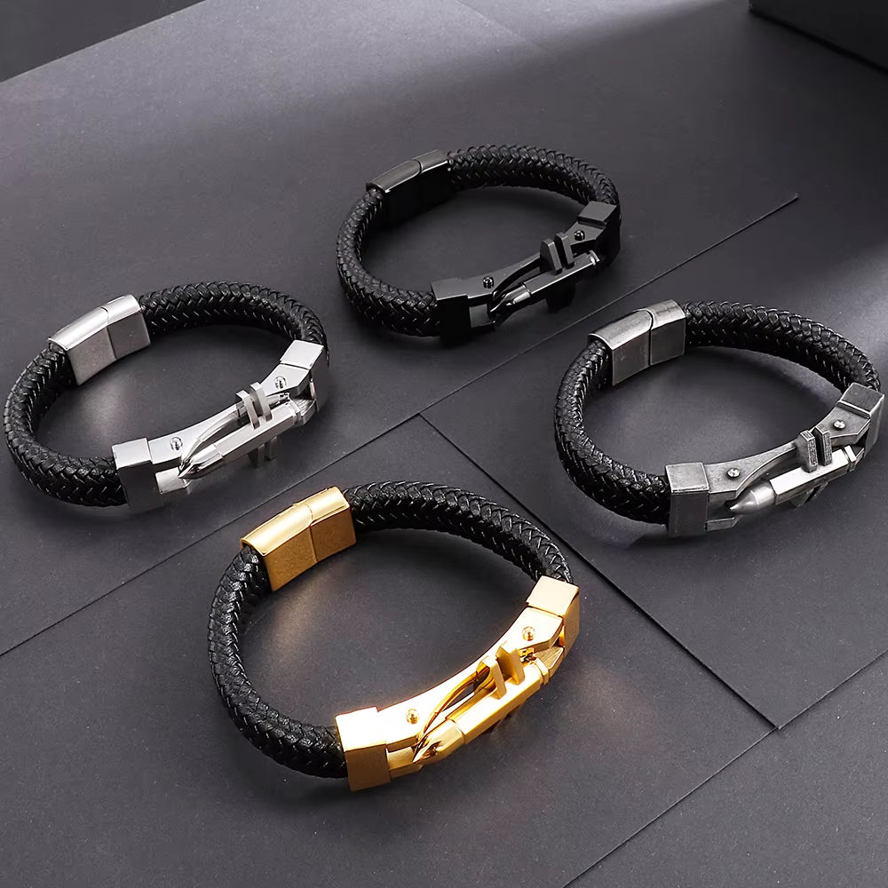 Black Leather &amp; Steel Bracelet 316L Stainless Steel Clasp | Structured Men’s Wristband