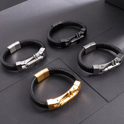 Black Leather &amp; Steel Bracelet 316L Stainless Steel Clasp | Structured Men’s Wristband