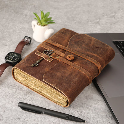  Vintage Leather Journal with Lined Deckle-Edge Paper &amp; Key Closure 8 × 6 Inches • 240 Pages • Handmade