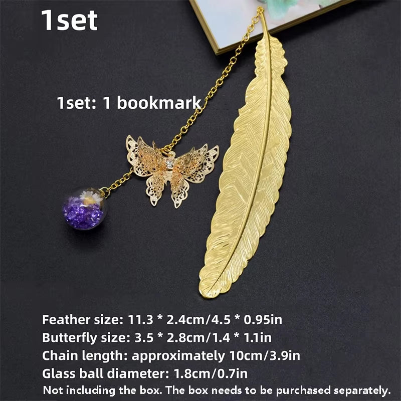 Metal Feather Bookmark with Butterfly &amp; Dried Flower Pendant